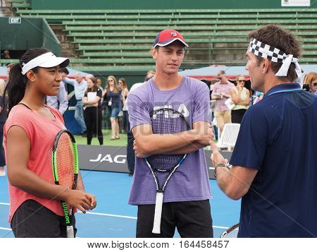 Melbourne Australia - January 9 2017: Destanee Aiava Andrew Whittington and Pat Cash at the opening of the Kooyong Classic Exhibition tournament