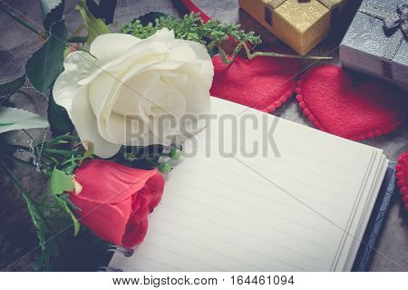 Valentine's Day Background,red Heart With Red White Rose ,ribbon