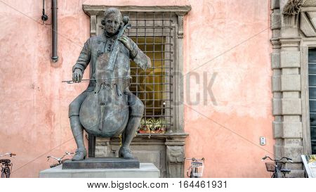 Lucca, Italy - September 04, 2014: Statue of Composer and Cellist Luigi Boccherini at famous Music Academy, Lucca, Tuscany, Italy