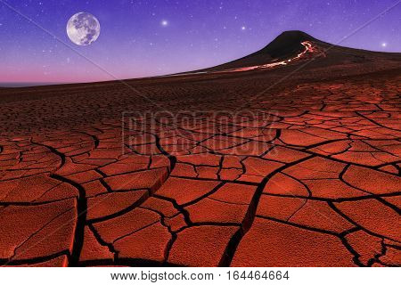 Full moon in night starry sky and volcano