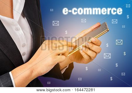 E commerce Business woman using mobile smart phone. Business comcept.