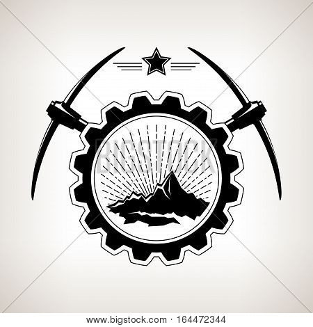 Silhouette of the mountains and sunburst in badge, vintage emblem of the mining industry, label and badge mine shaft mining, black and white illustration