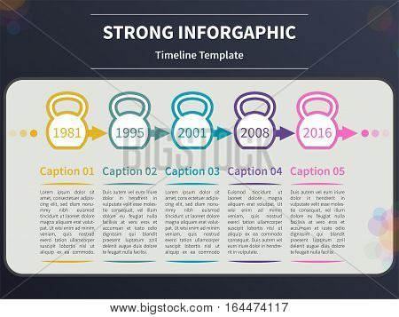 Vector infographic template. Timeline concept with kettlebell stylized elements on the dark background.
