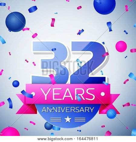 Thirty two years anniversary celebration on grey background. Anniversary ribbon
