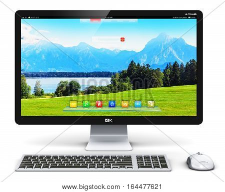 3D render illustration of modern professional desktop computer PC workstation with screen or monitor display with nature landscape, keyboard and mouse isolated on white background