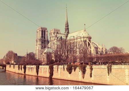 Notre Dame Cathedral In The Center Of Paris, France, On A Sunny Day