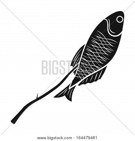 Fried fish icon in black design isolated on white background. Fishing symbol stock vector illustration.