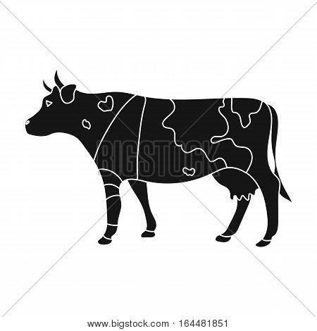 Sick cow with bandage on a leg icon in black design isolated on white background. Veterinary clinic symbol stock vector illustration.