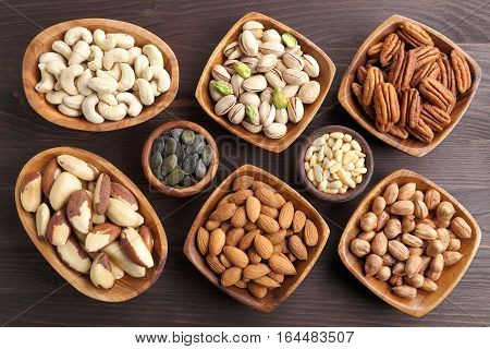 Varieties of nuts: kashew hazelnuts walnuts pistachio and pecans. Food and cuisine.