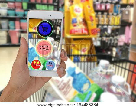 internet of things marketing conceptsRetailcustomer use augmented reality to show the summary total price of the all of product that collect in the cart and get a codehot deal