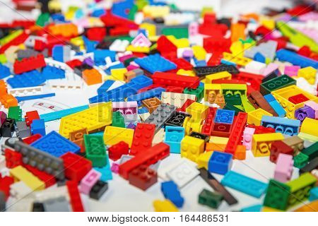 Plastic toy blocks, constructor foe kids, selective focus