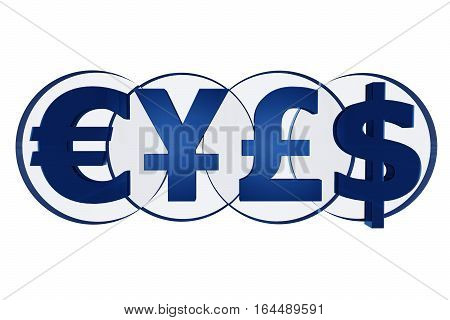 Powerful Currencies Symbols 3D Glassy Blue Illustration Isolated on White.