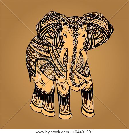 Indian Beautiful Elephant In Zentangle Ornament Asian Style. Ornate Elephant In Color Stylized Desig