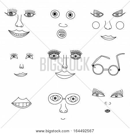 Seven images of the face and its elements in the children's style points on a white background