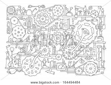 Sketch of people teamwork gears production. Doodle cartoon mechanism with machinery and cogwheels. Hand drawn vector illustration for business and industry design isolated on white.
