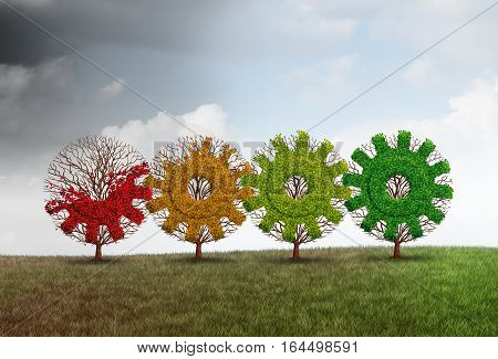 Economic recovery concept business growth metaphor as a group of recovering trees shaped as a gear or cog as a financial revitalization metaphor with 3D illustration elements.