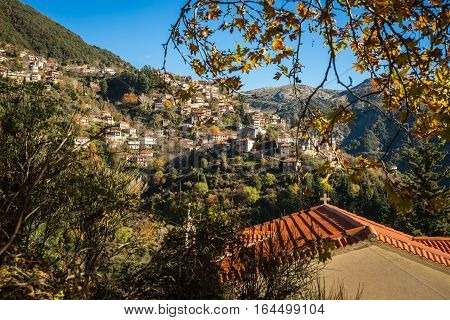 Scenic Mountain Autumn Landscape With  Village Langadia, Peloponnese, Greece