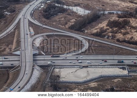 Saint-Petersburg Russia - April 4 2014: Automotive isolation ring road around the city. View from above