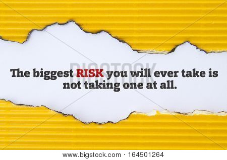 The biggest risk you will ever take is not taking one at all message written under torn paper.