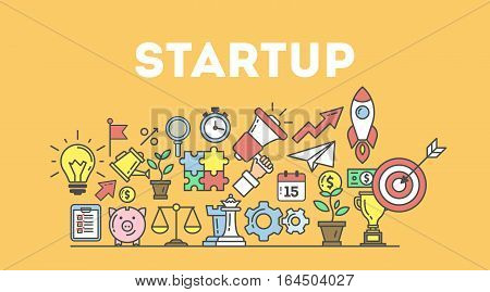 Startup banner illustration with icons. Business strategy and many icons as rocket, magnifyer, loudspeaker and more.