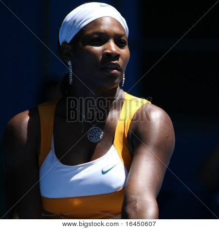 MELBOURNE, Australien - 23 januar: Serena Williams i sin tredje runde match mod Carla Suarez