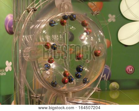 BUCHAREST ROMANIA - December 30 2015: Image of lottery balls during extraction of the winning numbers before the New Year.