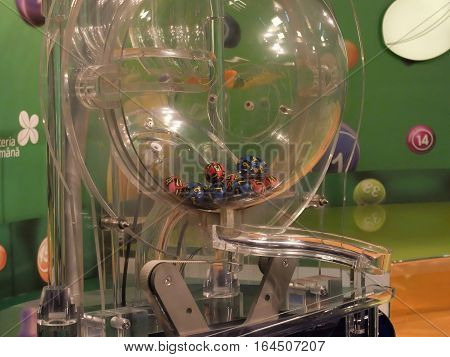 BUCHAREST ROMANIA - December 30 2015: Image of lottery balls during extraction of the winning numbers before the New Year.