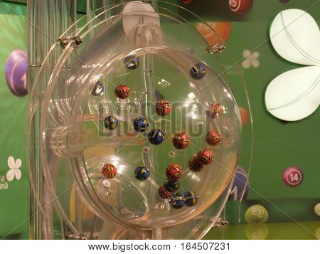 BUCHAREST ROMANIA - December 30 2015: Image of lottery balls during extraction of the winning numbers before the New Year.