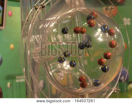 BUCHAREST ROMANIA - December 30 2015: Image of lottery balls during extraction of the winning numbers before the New Year.