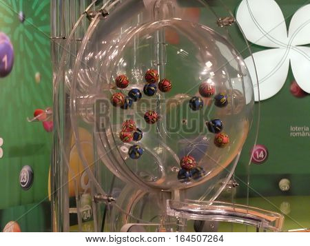 BUCHAREST ROMANIA - December 30 2015: Image of lottery balls during extraction of the winning numbers before the New Year.