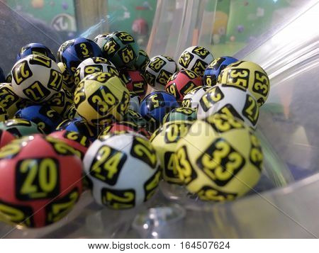 BUCHAREST ROMANIA - December 30 2015: Image of lottery balls during extraction of the winning numbers before the New Year.
