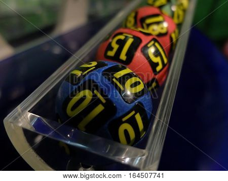 BUCHAREST, ROMANIA - December 30, 2015: Image of lottery balls during extraction of the winning numbers before the New Year.