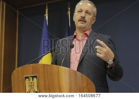 Bucharest Romania 5 December 2015: Romanian Vice Prime Minister and Minister of Regional Development and Public Administration Vasile Dincu speaks during a press conference at Bucharest Headquarters.