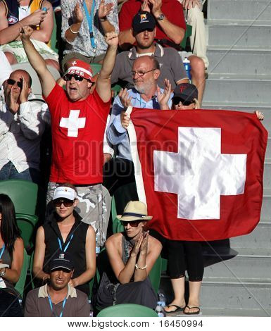 MELBOURNE, AUSTRALIA - 27 stycznia: Okrzyki tłumu na Roger Federer w 2010 Australian Open w Rod