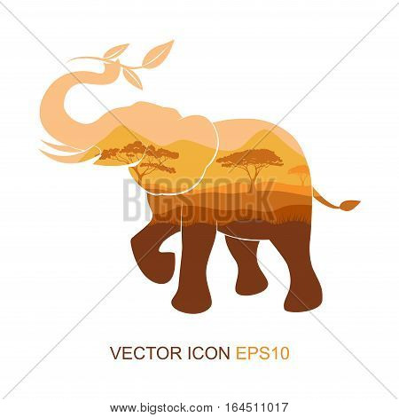 Elephant symbol.Vector illustration. elephant picture tea and sprigs. South nature. Silhouette of an elephant. Logo for tea. Flat icon.