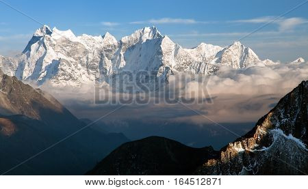 Evening panoramic view of mounts Kangtega and Thamserku fromm Gokyo Ri Everest area Khumbu valley Nepal