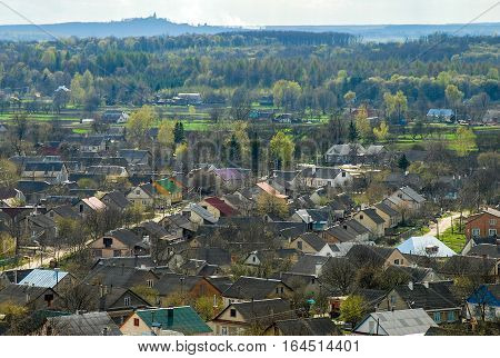 Aerial view at Pochayev town in the Ternopil Oblast (province) of western Ukraine