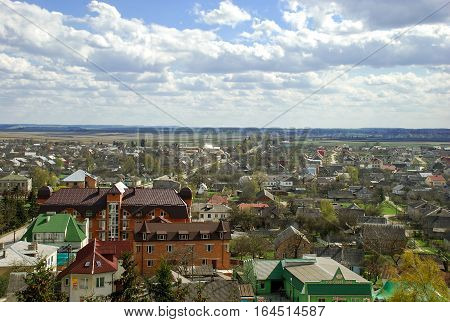 Aerial view at Pochayev town in the Ternopil Oblast (province) of western Ukraine