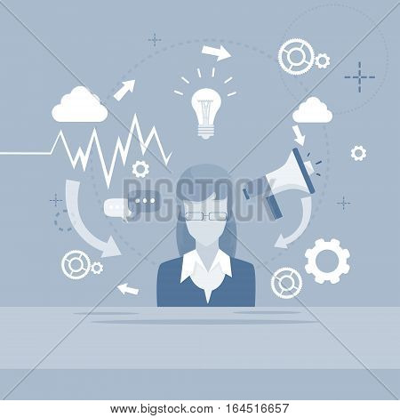 Businesswoman Megaphone Digital Marketing Business Woman Loudspeaker Flat Vector Illustration