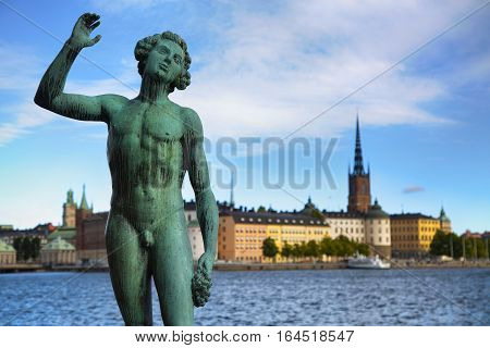 Song statue Stadshuset and View of Gamla Stan in Stockholm Sweden