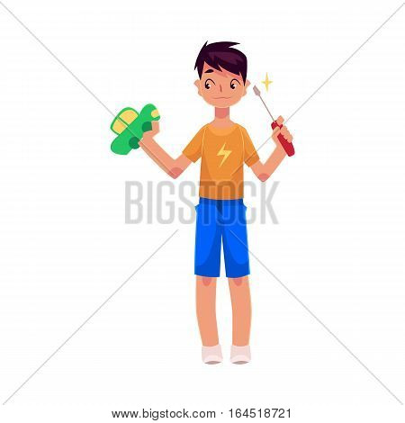 Teenage boy holding screwdriver, trying to fix, repair a toy car, cartoon vector illustration on white background. Full length portrait of boy holding screwdriver and a toy car, repair concept