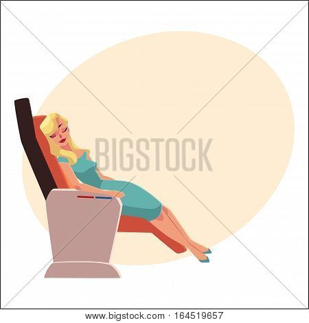 Beautiful blond lady, woman sleeping, taking a nap in airplane business class seat, cartoon vector on background with place for text. Young glamorous woman seating and sleeping in business class