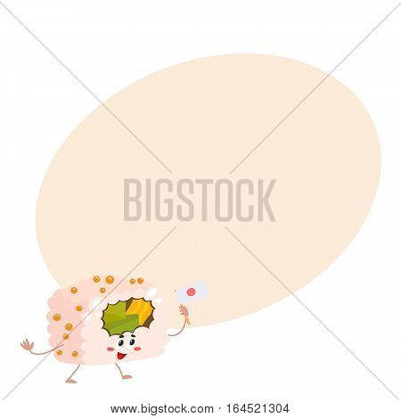 Nori, seaweed roll with caviar character holding a Japanese flag, cartoon vector illustration on background with place for text. Cute and funny smiling seaweed, nori roll, Asian cuisine