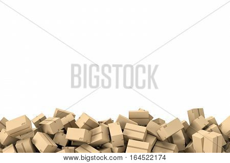 3d rendering of a frame made of light beige cardboard mail boxes lying at the bottom of white background. Postal services. Packing and crating. Storage of different products. Compartments for packages.