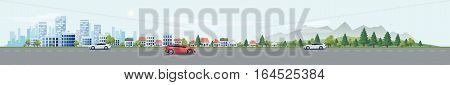 Flat vector cartoon style illustration of urban landscape street with cars skyline city office buildings family houses in small town and mountain with green trees in backround. Traffic on the road.