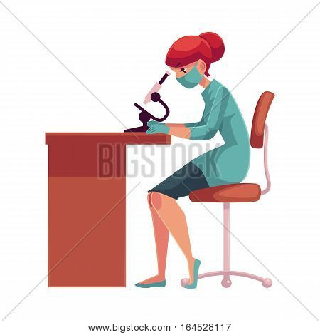 Lab, laboratory assistant, technician wearing medical mask and rubber gloves sits at the table and looks into microscope, cartoon vector illustration isolated on white background. Female laboratorian