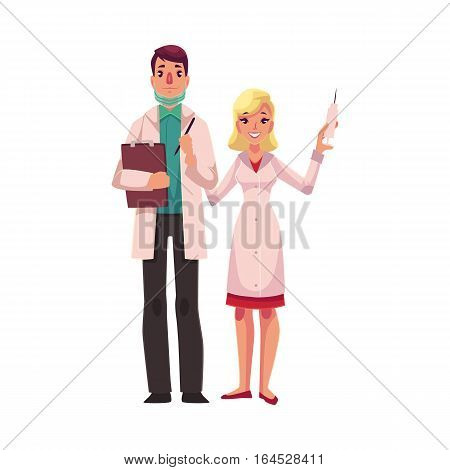 Doctor holding clipboard and anesthetist with syringe and pills, cartoon vector illustration isolated on white background. Male doctor and female assistant, anesthetist, health care professionals