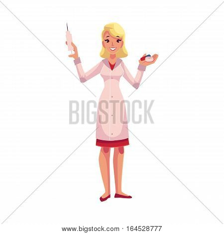 Smiling female anesthetist doctor holding syringe in one hand and pills in the other, cartoon vector illustration isolated on white background. Female anesthesiologist, healthcare professional