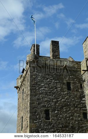 A view of the tower and saltire at Elcho castle