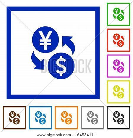 Yen Dollar money exchange flat color icons in square frames on white background